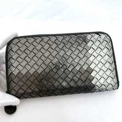 Bottega Veneta Round Long Wallet ec-21206 Silver Gray Black Intrecciato Leather BOTTEGA VENETA Women's