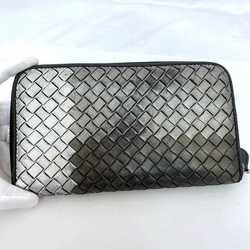 Bottega Veneta Round Long Wallet ec-21206 Silver Gray Black Intrecciato Leather BOTTEGA VENETA Women's