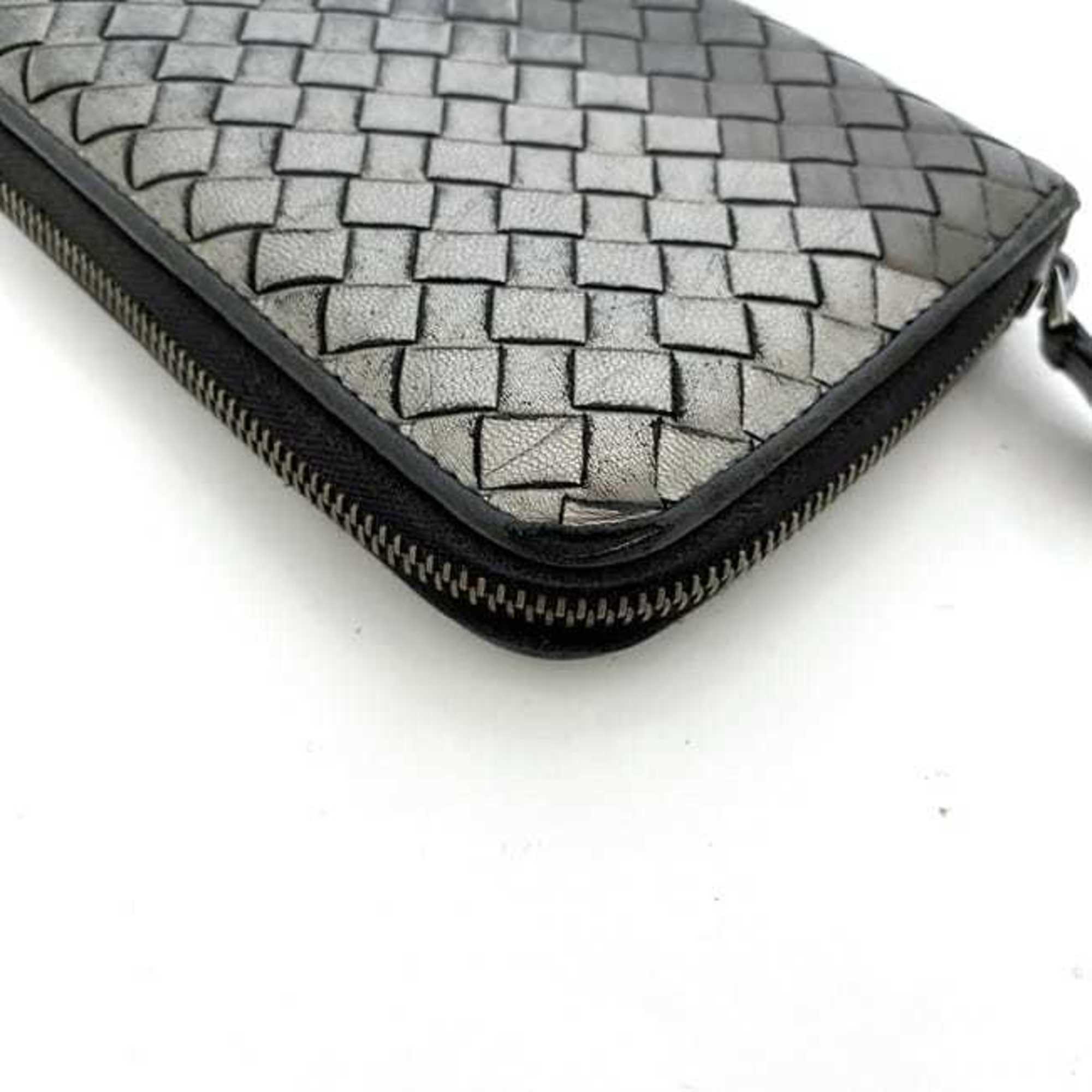 Bottega Veneta Round Long Wallet ec-21206 Silver Gray Black Intrecciato Leather BOTTEGA VENETA Women's