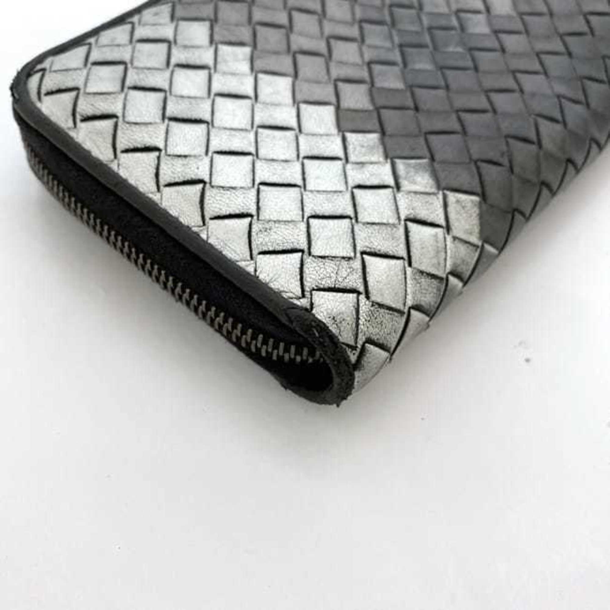 Bottega Veneta Round Long Wallet ec-21206 Silver Gray Black Intrecciato Leather BOTTEGA VENETA Women's