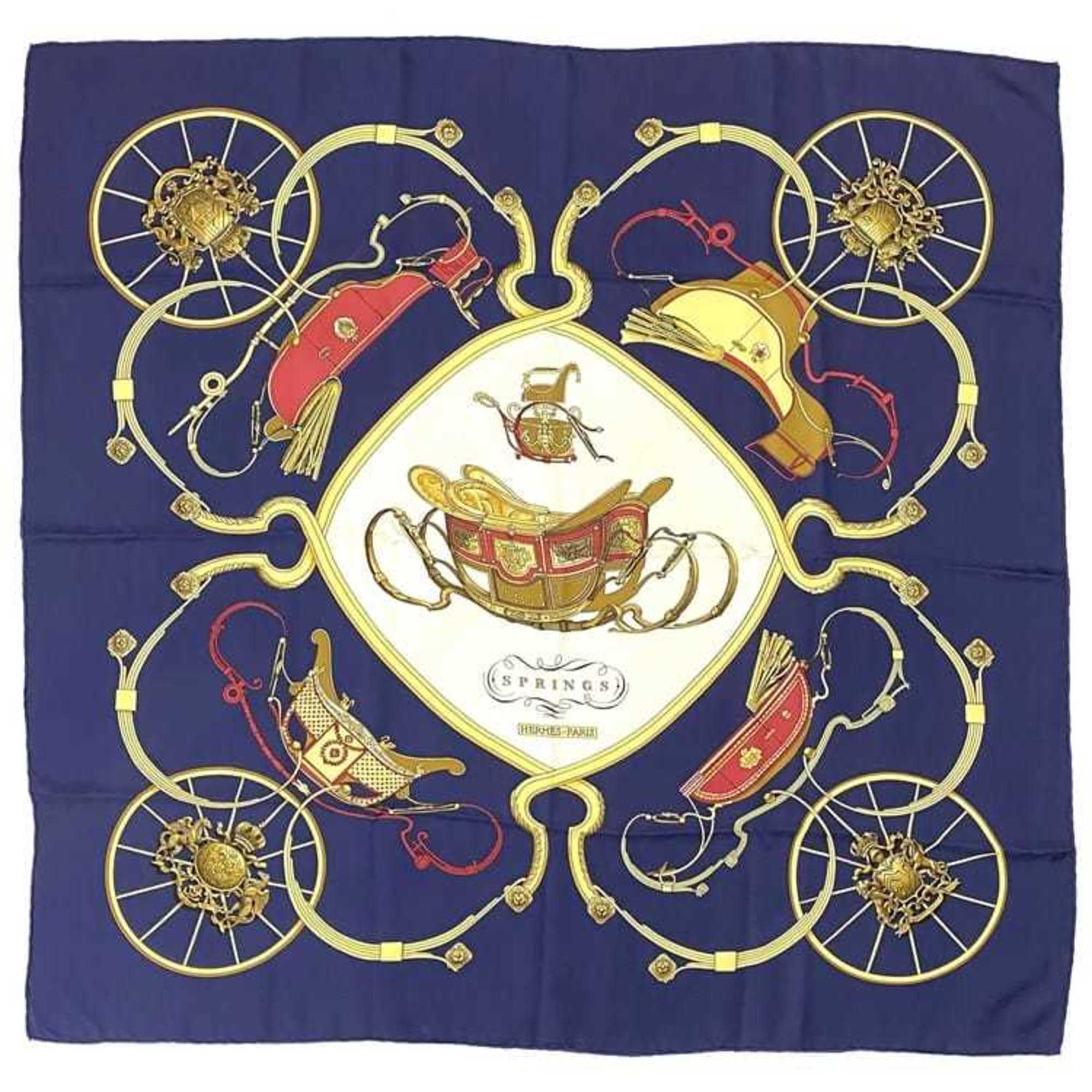 Hermes Scarf Muffler Carre 90 ec-21136 Navy White SPRINGS 100% Silk HERMES Large Saddlery Springs Blue Women's