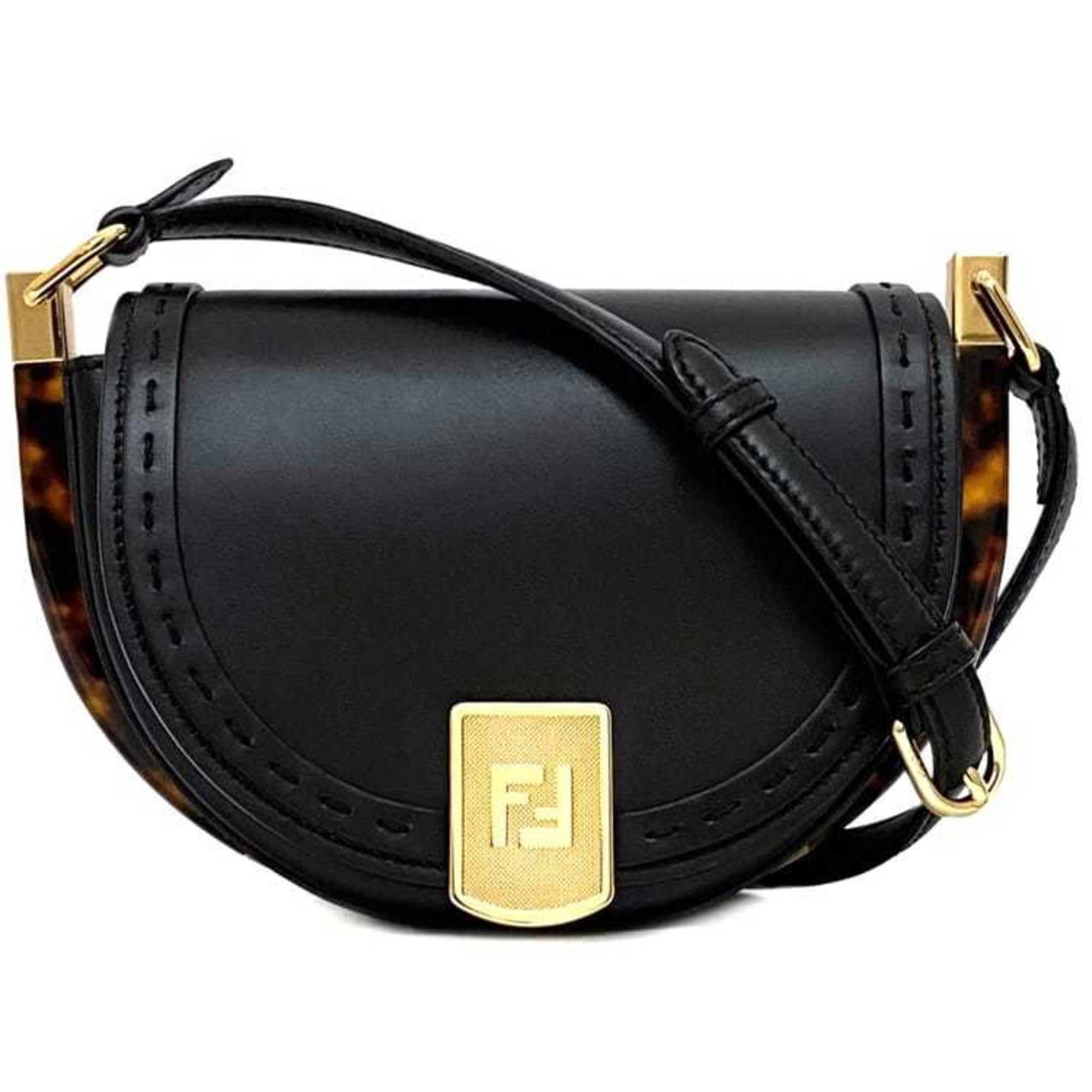 Fendi Moonlight Shoulder Bag f-21267 Black Tortoiseshell 8BT346 Leather FENDI Flap Half Moon Compact Women's