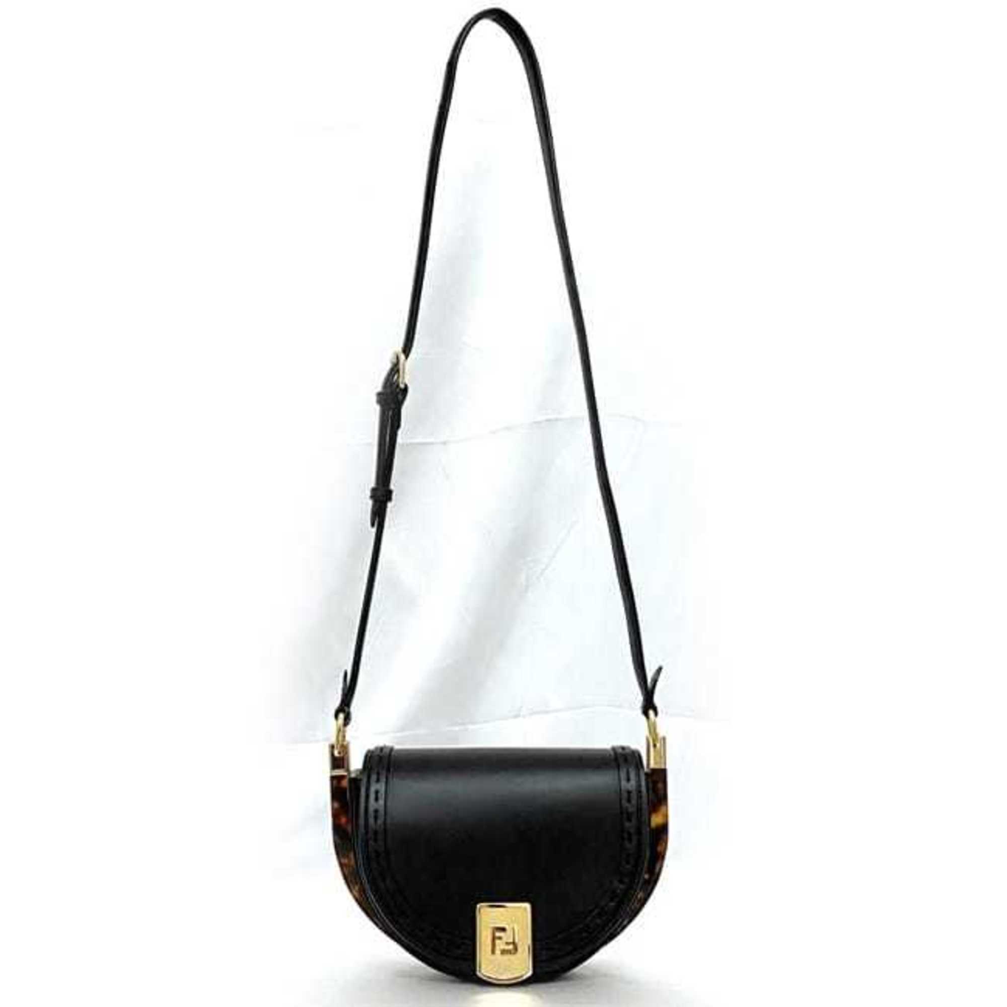 Fendi Moonlight Shoulder Bag f-21267 Black Tortoiseshell 8BT346 Leather FENDI Flap Half Moon Compact Women's