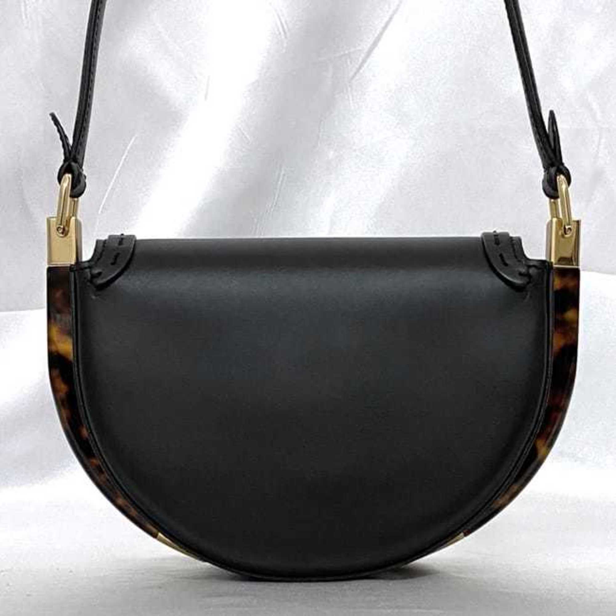 Fendi Moonlight Shoulder Bag f-21267 Black Tortoiseshell 8BT346 Leather FENDI Flap Half Moon Compact Women's