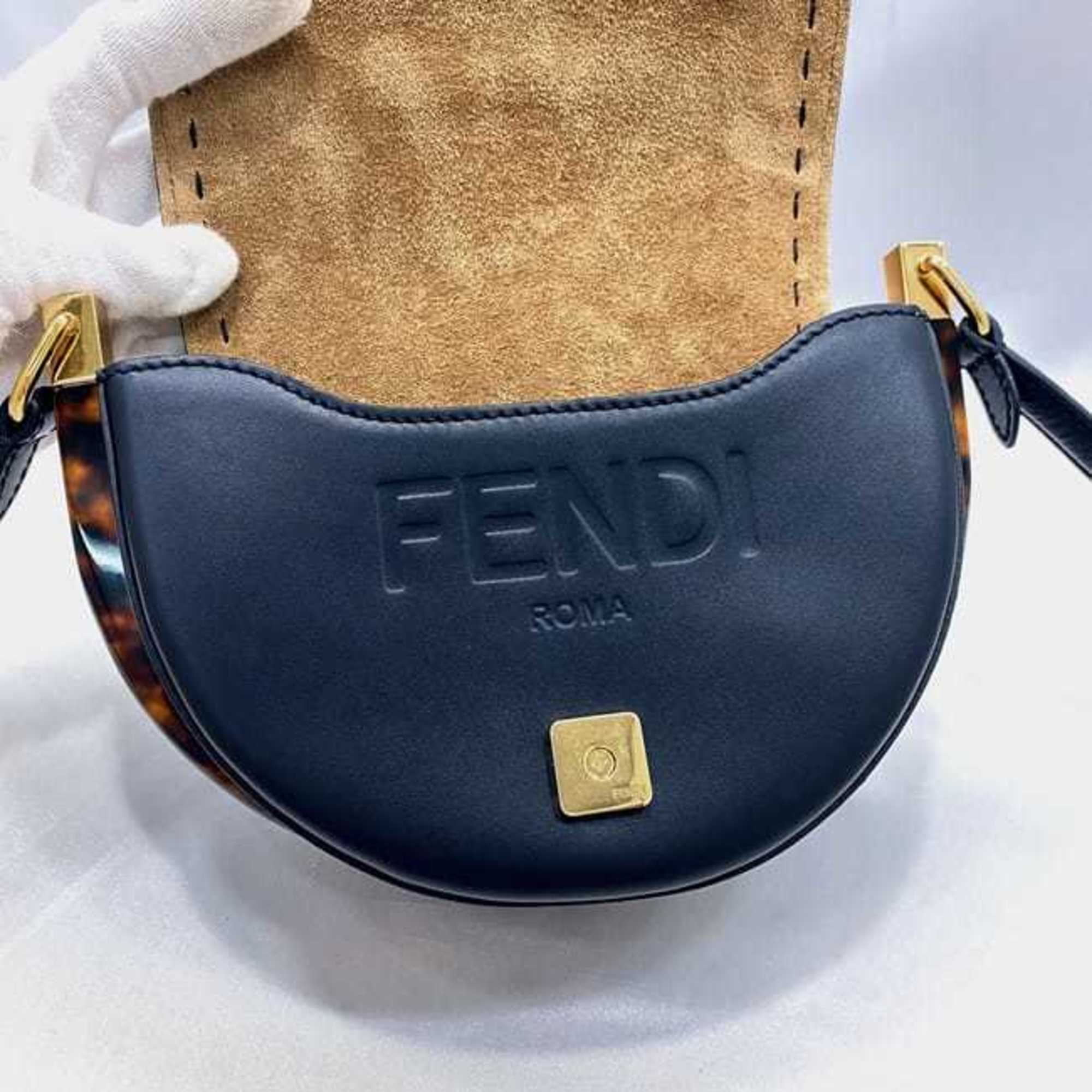 Fendi Moonlight Shoulder Bag f-21267 Black Tortoiseshell 8BT346 Leather FENDI Flap Half Moon Compact Women's