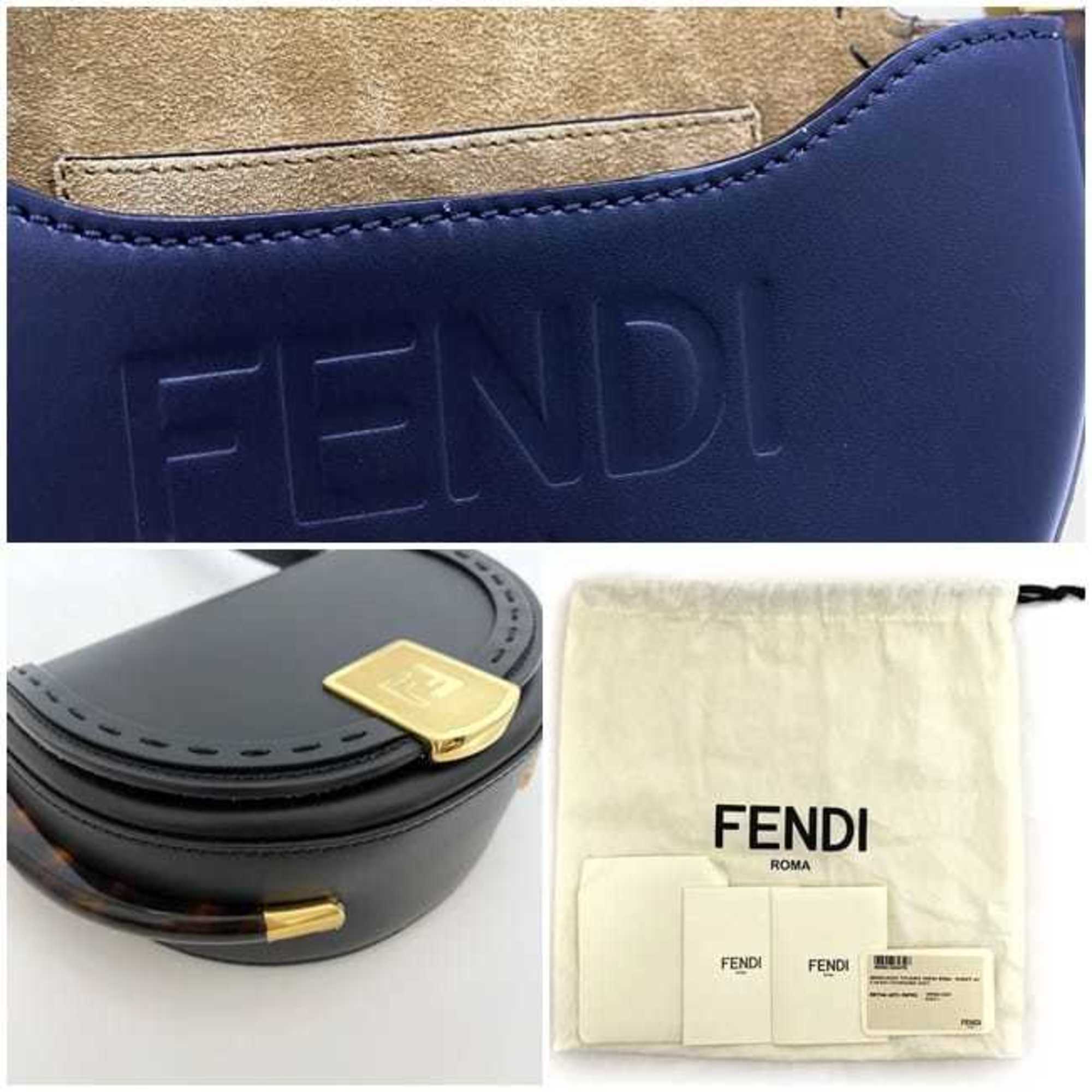 Fendi Moonlight Shoulder Bag f-21267 Black Tortoiseshell 8BT346 Leather FENDI Flap Half Moon Compact Women's