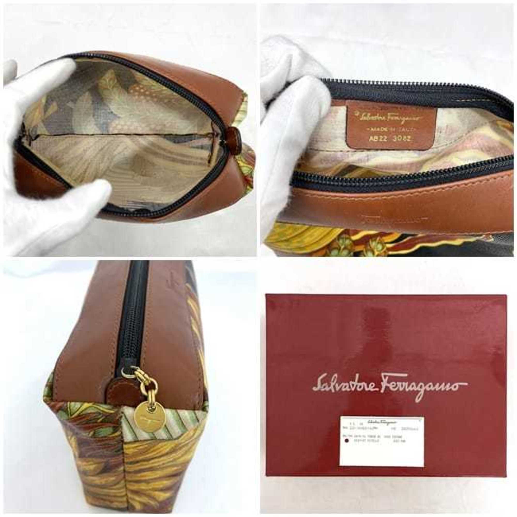 Salvatore Ferragamo Clutch Bag Pouch ec-21208 Brown Black Multicolor 22-3082 Handbag PVC Leather Grass Flower Botanical Pattern