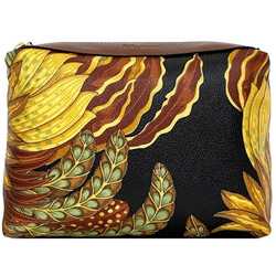 Salvatore Ferragamo Clutch Bag Pouch ec-21208 Brown Black Multicolor 22-3082 Handbag PVC Leather Grass Flower Botanical Pattern