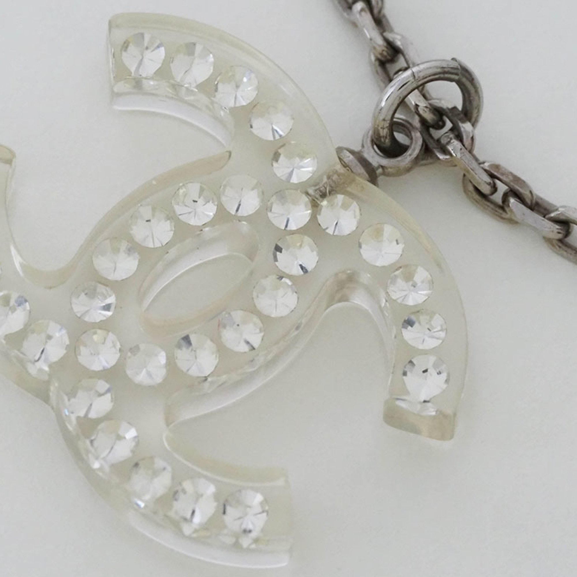 CHANEL Clear Coco Necklace Pendant Silver Women's Acrylic Rhinestone