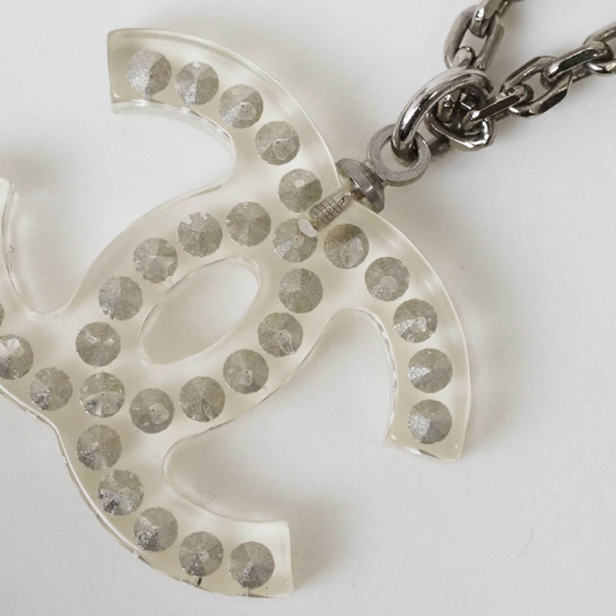 CHANEL Clear Coco Necklace Pendant Silver Women's Acrylic Rhinestone