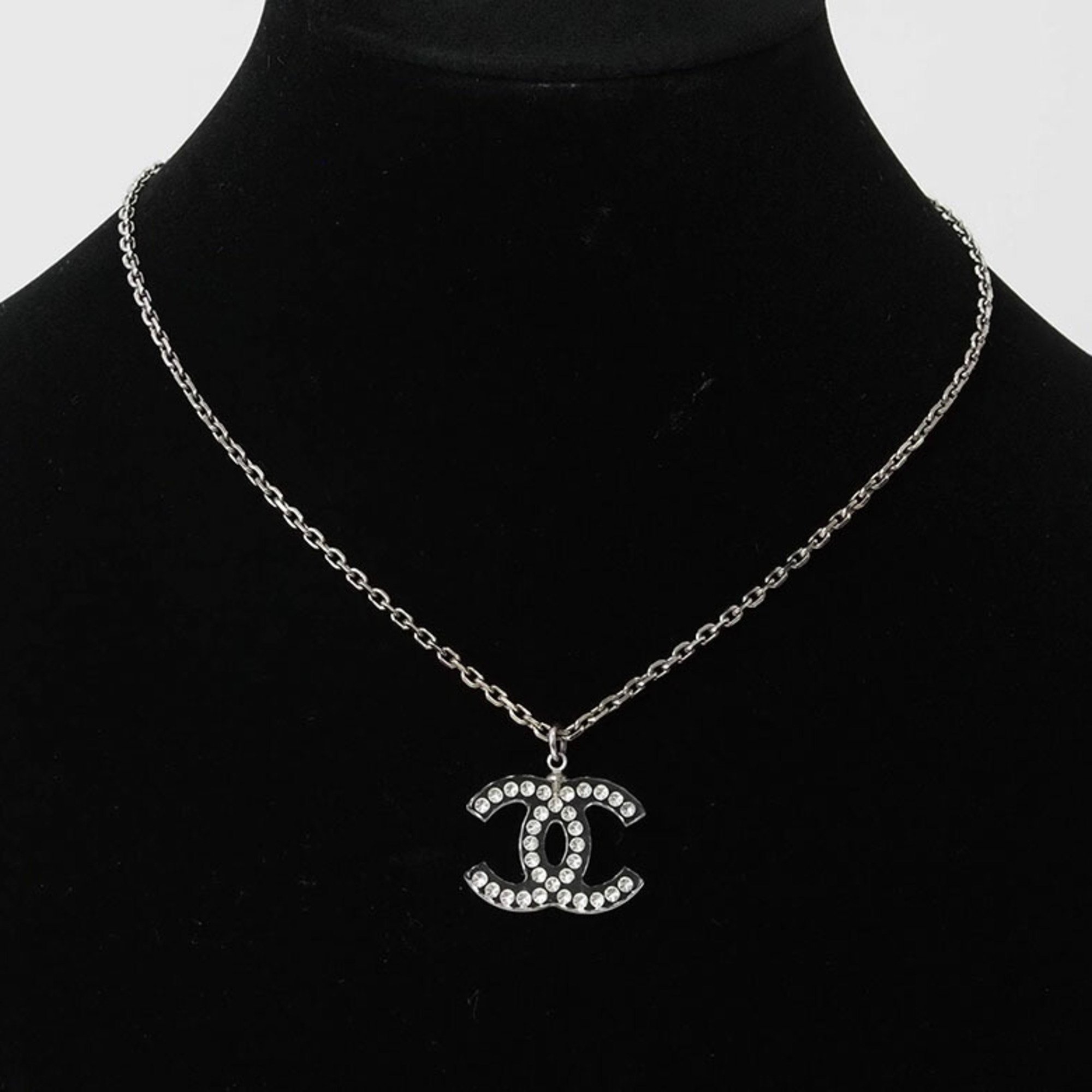 CHANEL Clear Coco Necklace Pendant Silver Women's Acrylic Rhinestone