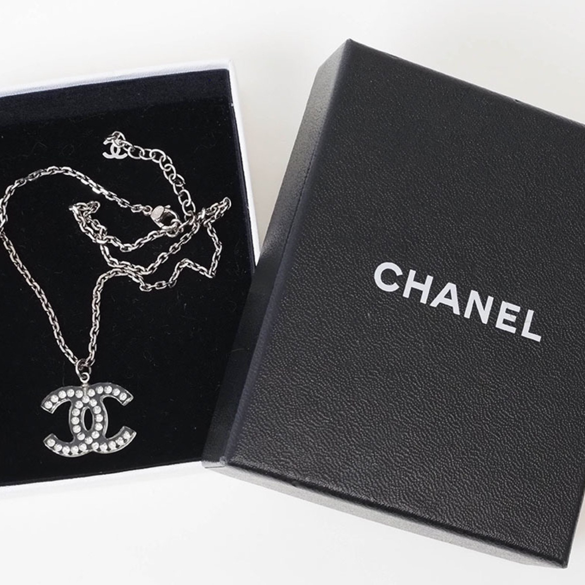 CHANEL Clear Coco Necklace Pendant Silver Women's Acrylic Rhinestone