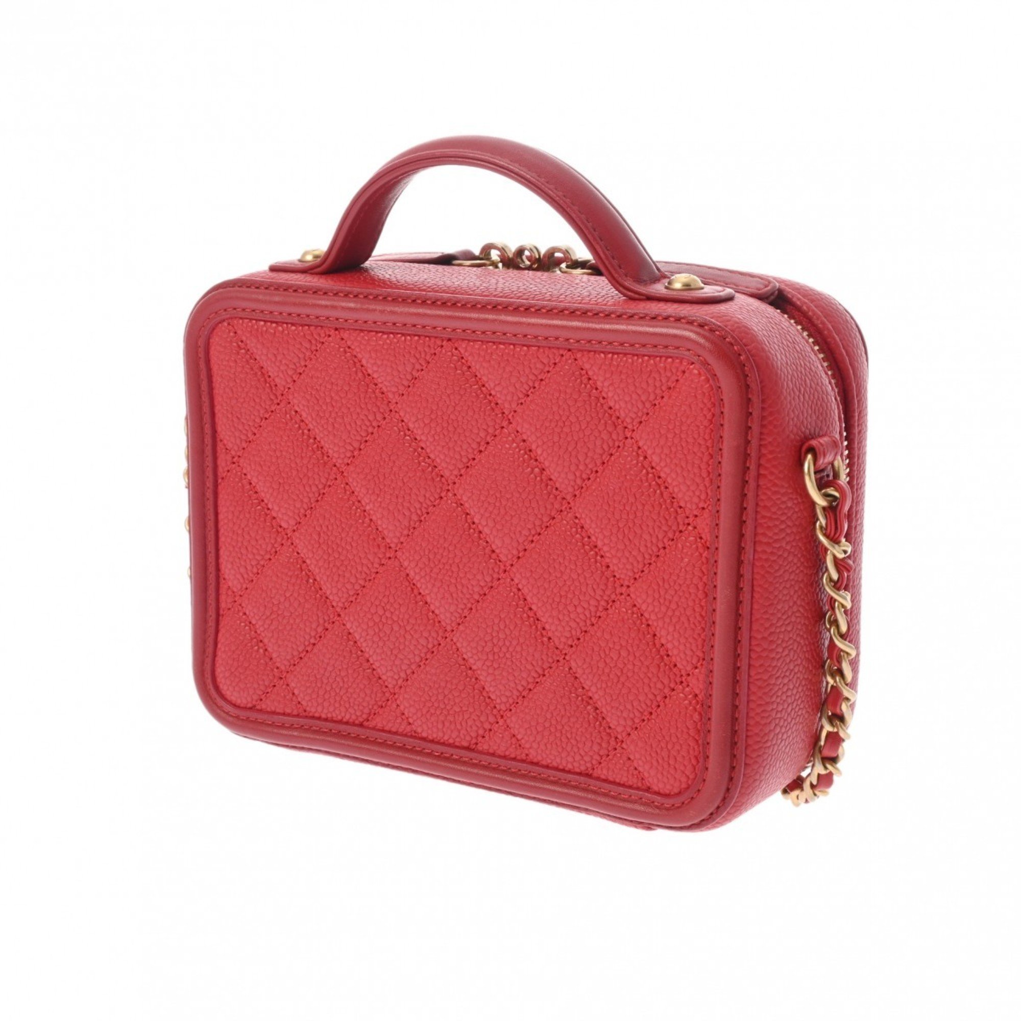 CHANEL CC Filigree Small Vanity Chain Shoulder Bag Red A93343 Women's Caviar Skin Handbag