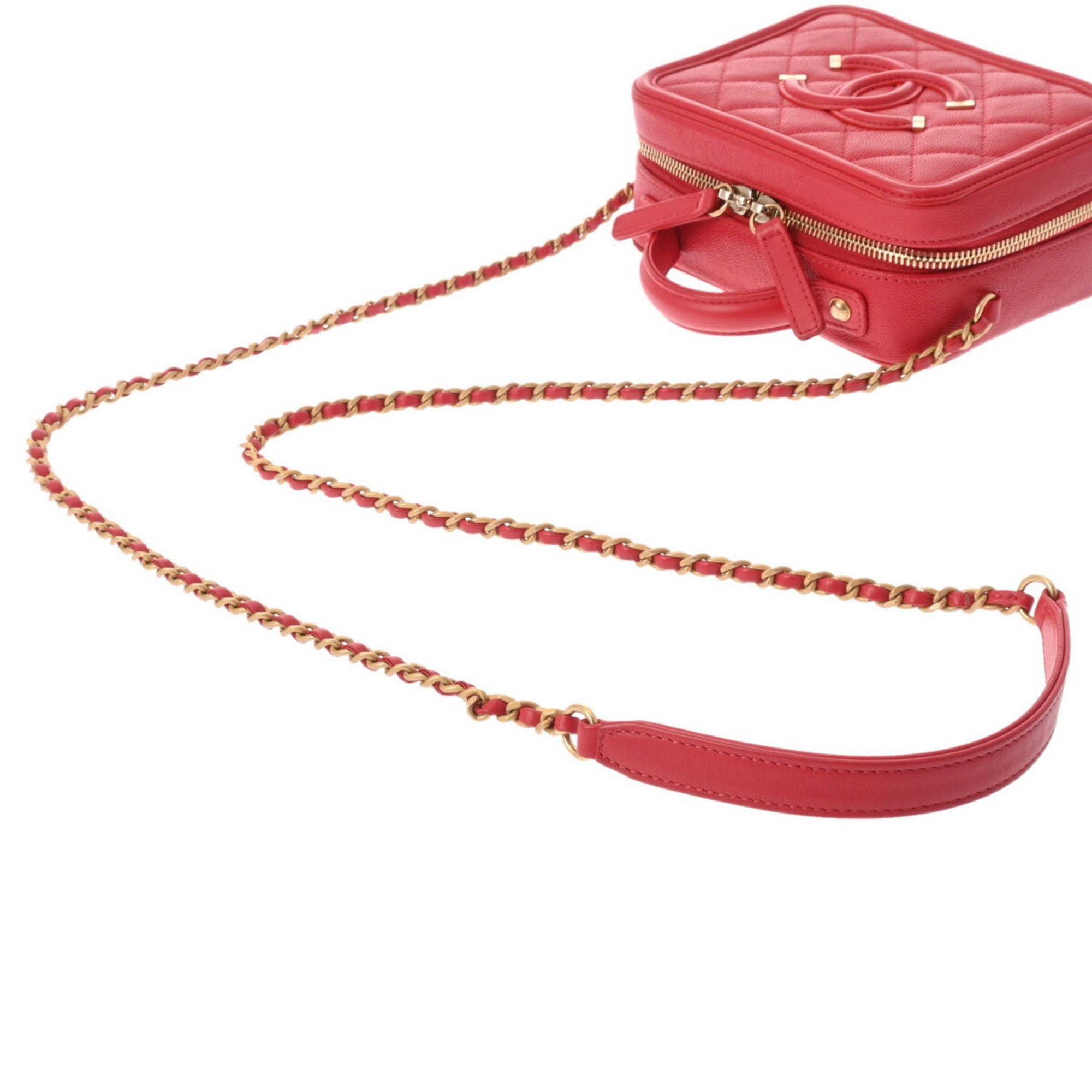 CHANEL CC Filigree Small Vanity Chain Shoulder Bag Red A93343 Women's Caviar Skin Handbag