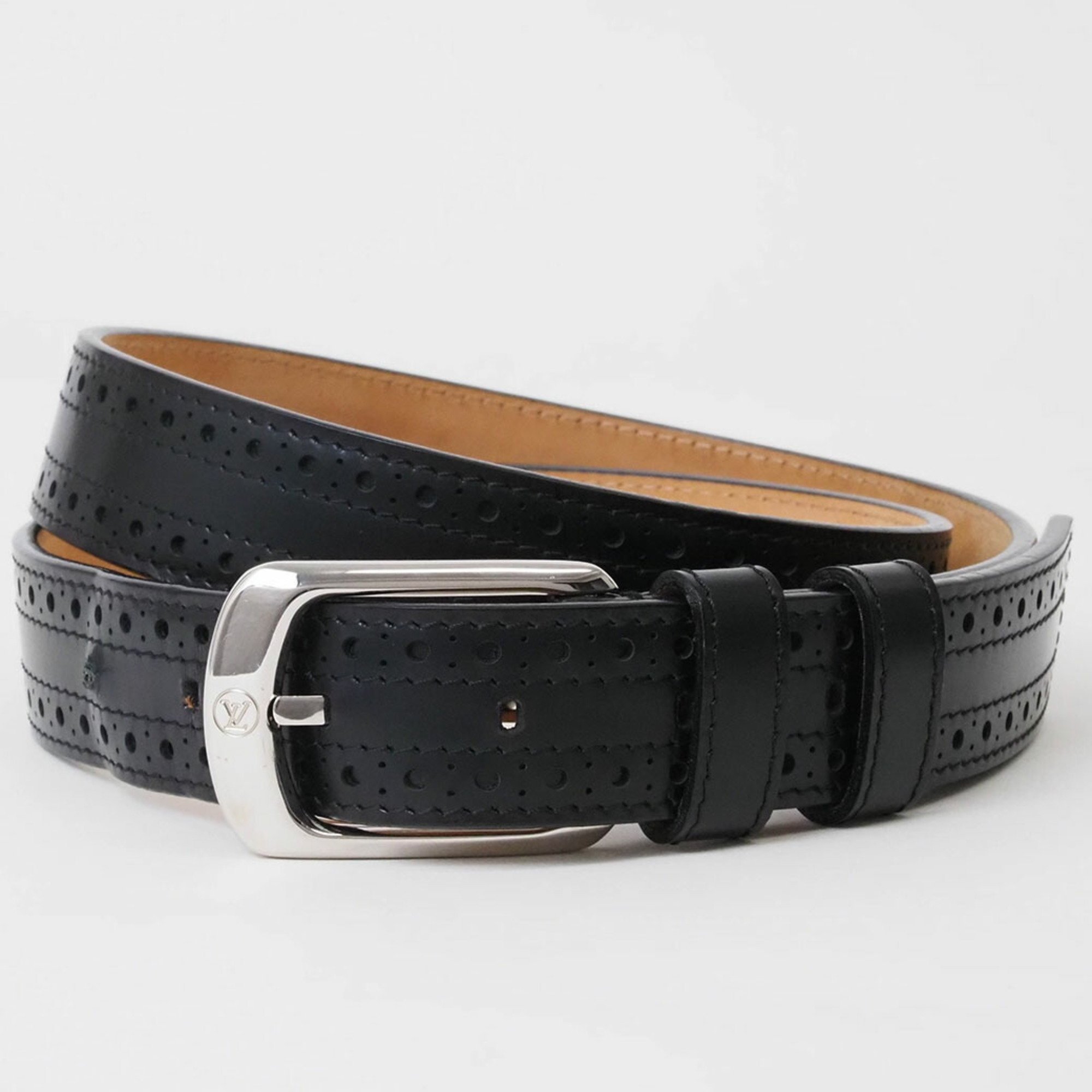 Louis Vuitton Belt Santur 95cm Black Men's Leather Openwork Silver Buckle LOUIS VUITTON