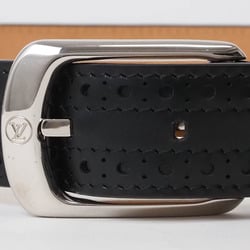 Louis Vuitton Belt Santur 95cm Black Men's Leather Openwork Silver Buckle LOUIS VUITTON