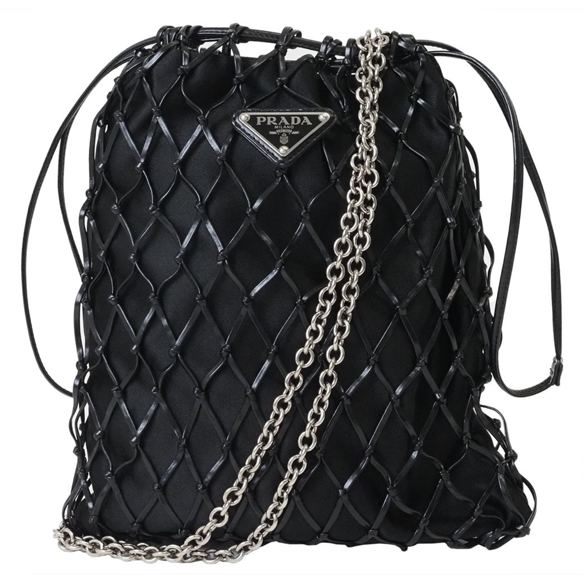 Prada Mesh Satin Chain Shoulder Bag Black 1BC075 Women's Leather Clutch PRADA