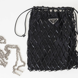 Prada Mesh Satin Chain Shoulder Bag Black 1BC075 Women's Leather Clutch PRADA