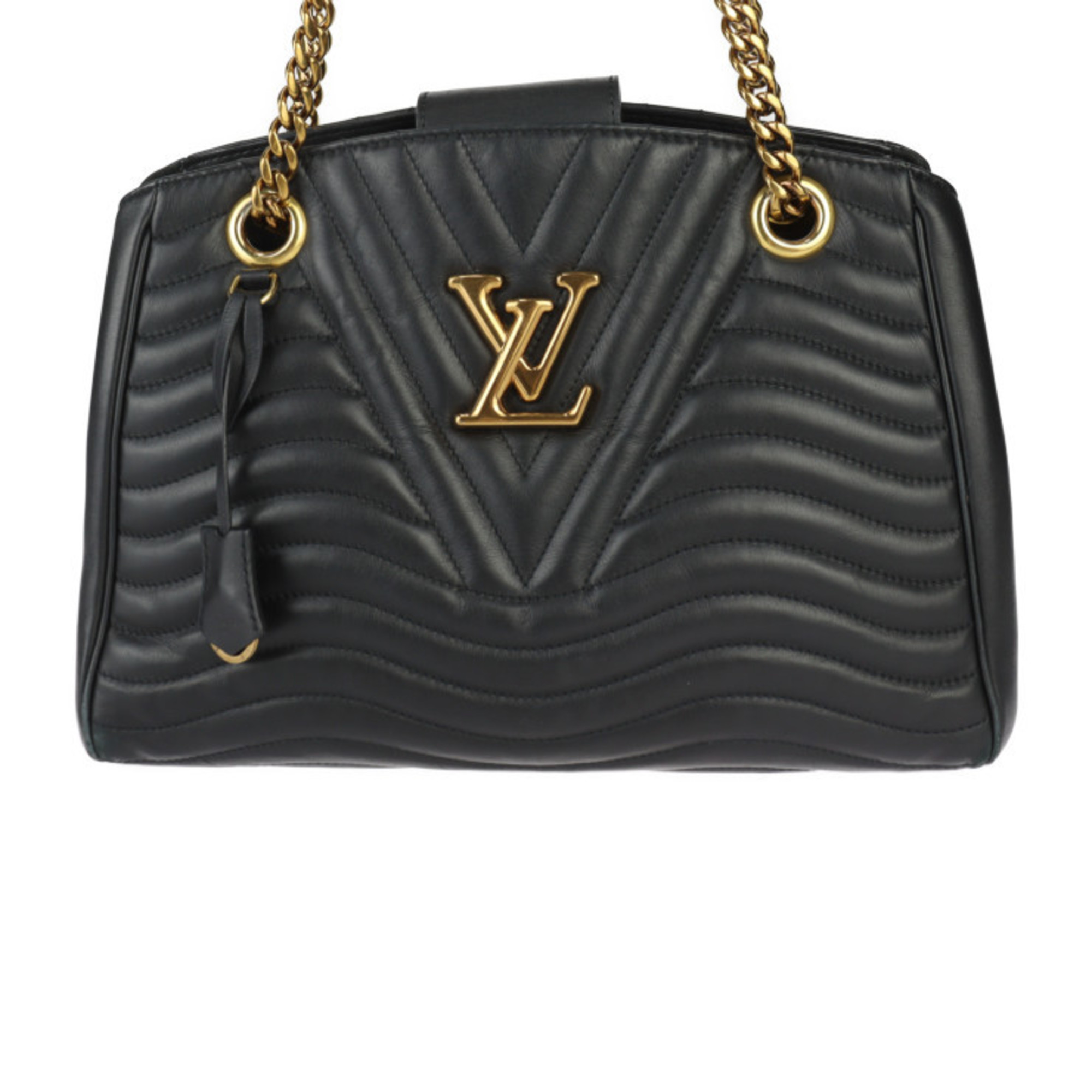 LOUIS VUITTON Louis Vuitton New Wave Chain Tote Handbag M51496 Calf Leather Black Shoulder Bag Quilted