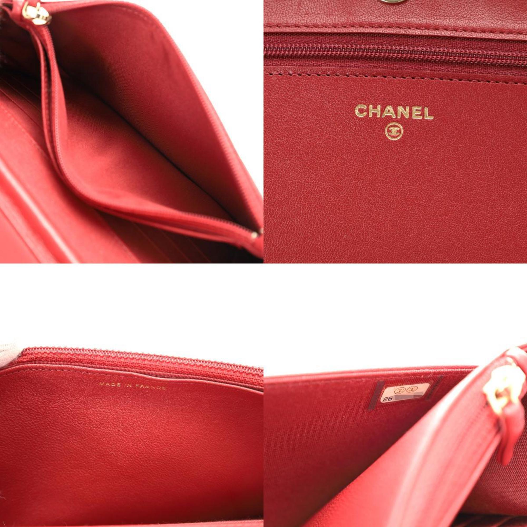 CHANEL Mademoiselle Chain Wallet Red Women's Lambskin Shoulder Bag