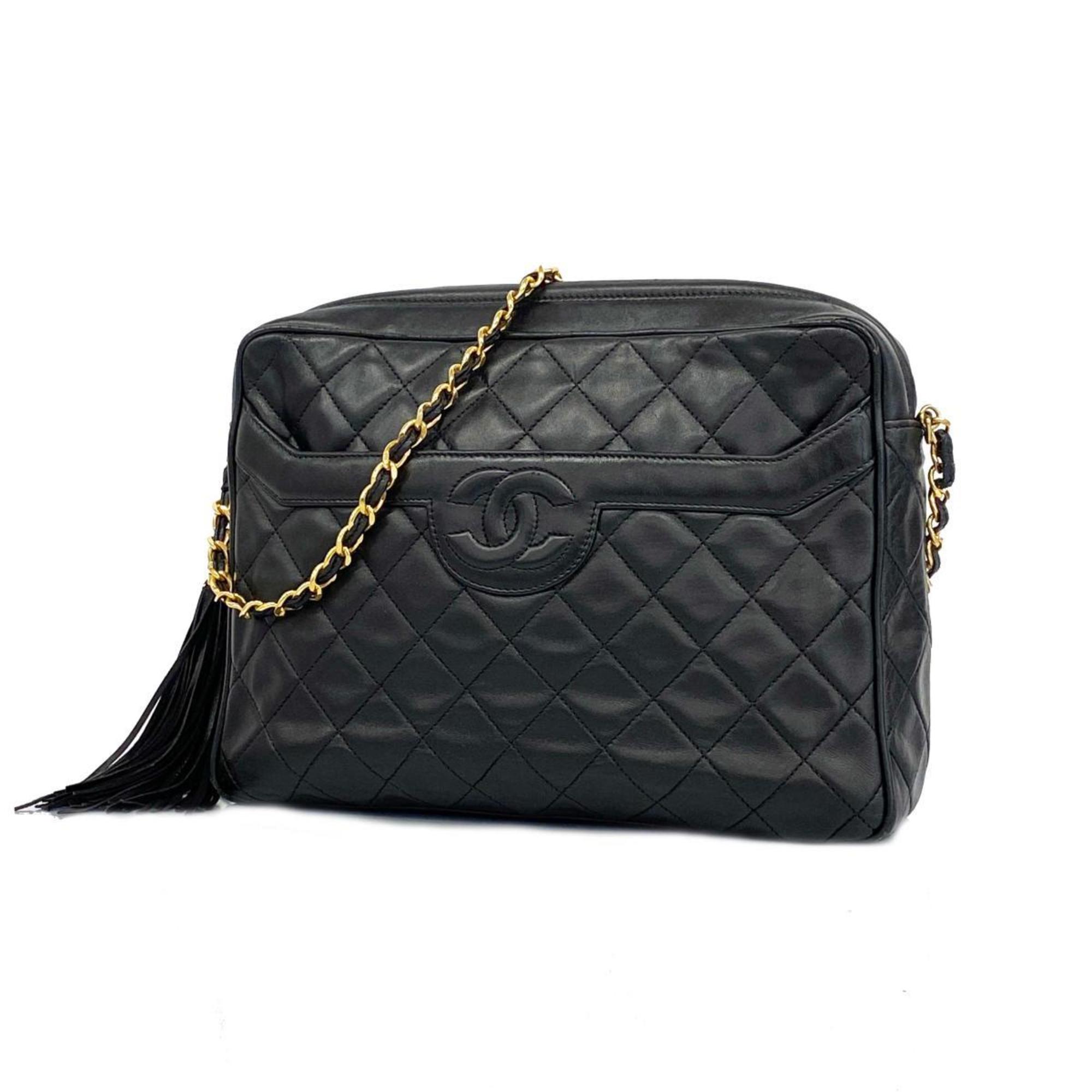 Chanel Shoulder Bag with Matelasse Chain Lambskin Black Women's