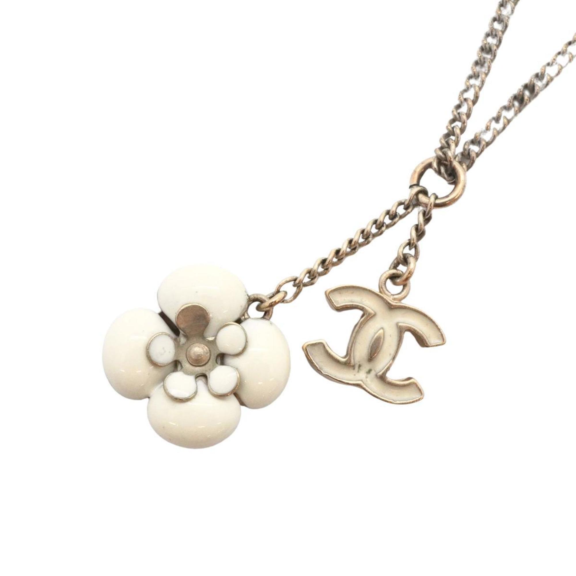 Chanel Necklace Coco Mark Flower Motif GP Plated Champagne Gold White 06C Women's