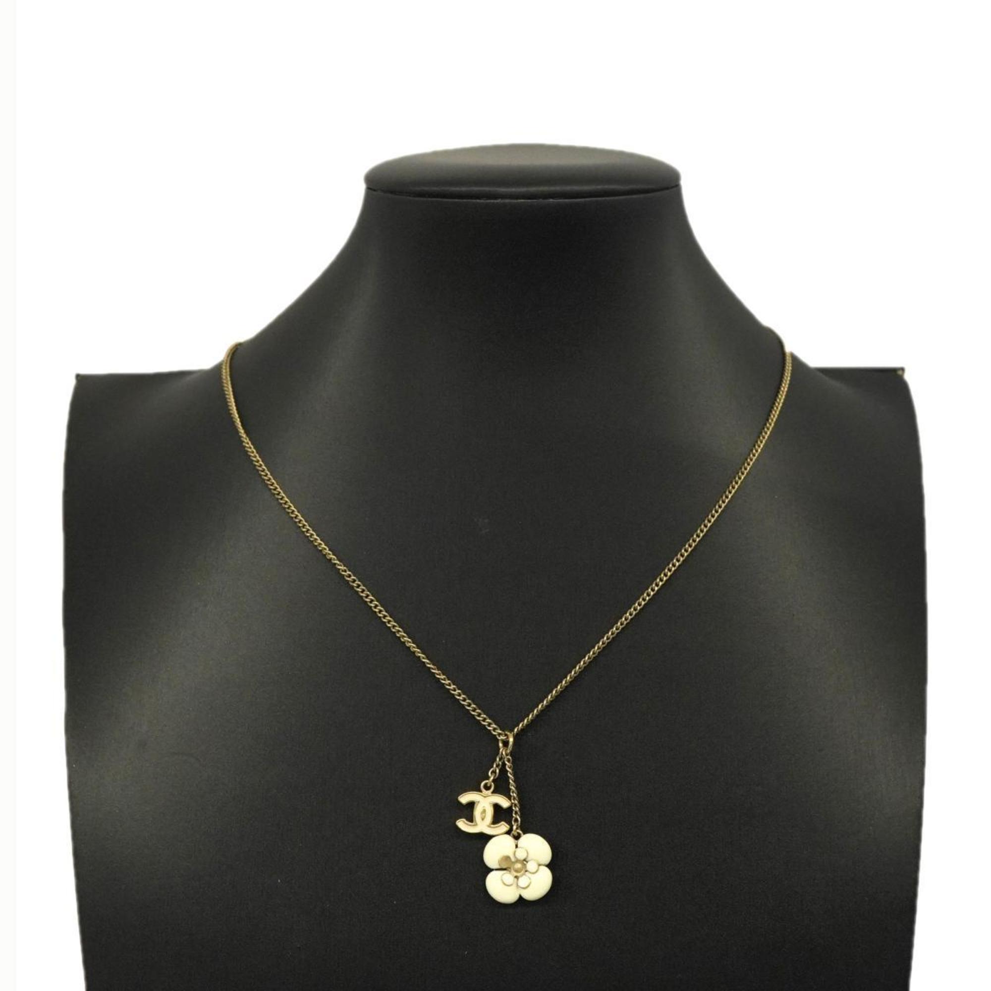 Chanel Necklace Coco Mark Flower Motif GP Plated Champagne Gold White 06C Women's