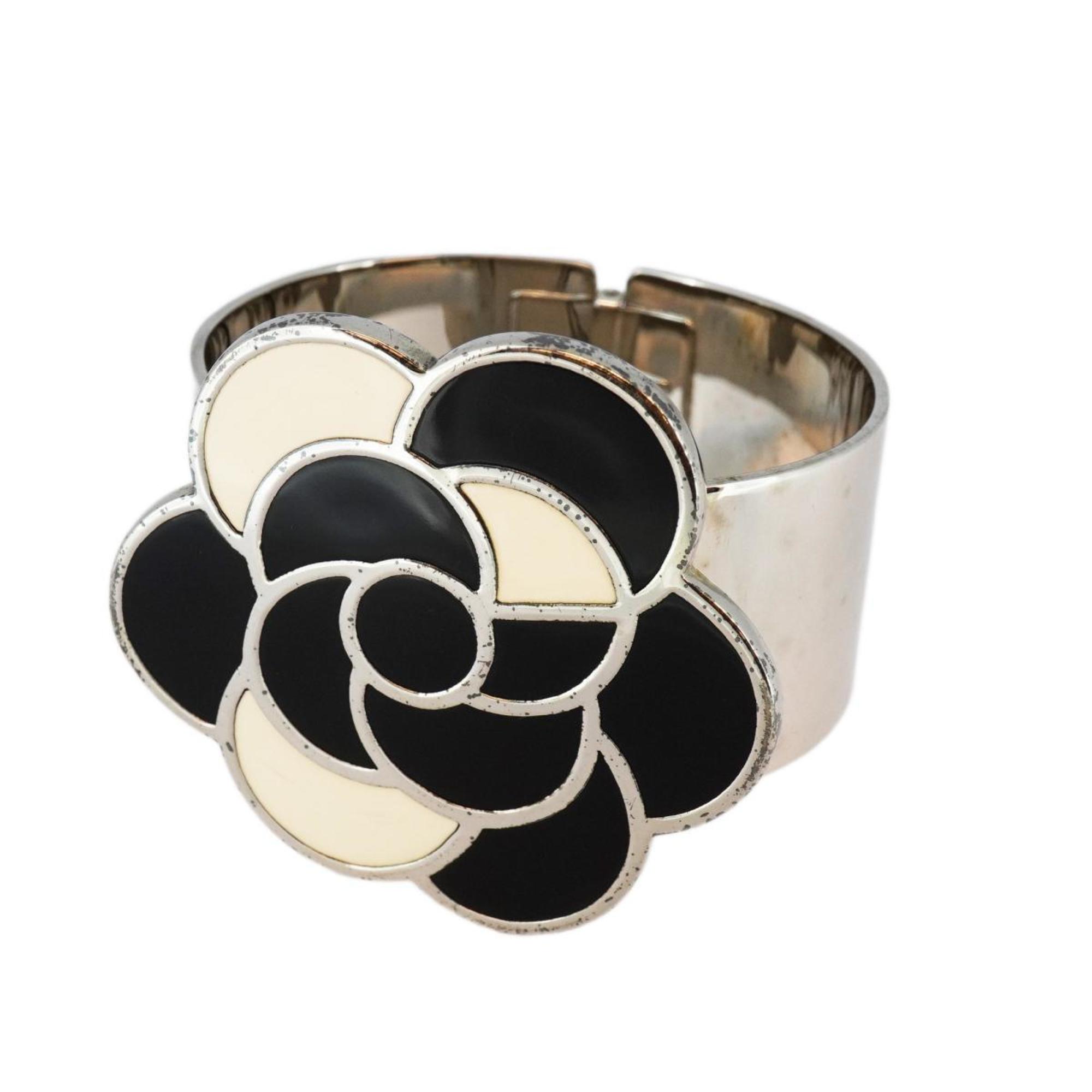 Chanel Bracelet Camellia Metal Silver White Black 98P Women's