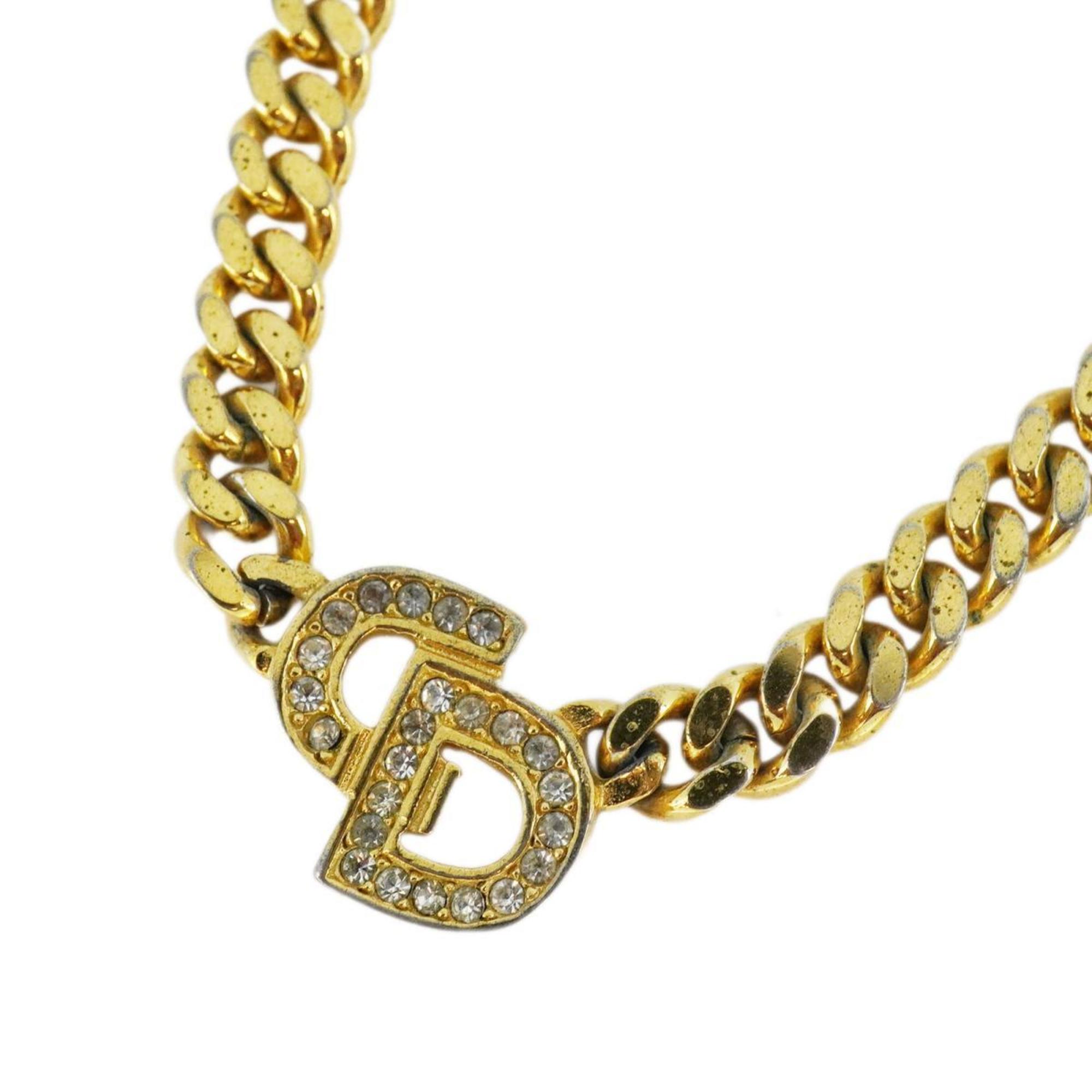 Christian Dior Necklace CD Rhinestone GP Plated Gold Women's