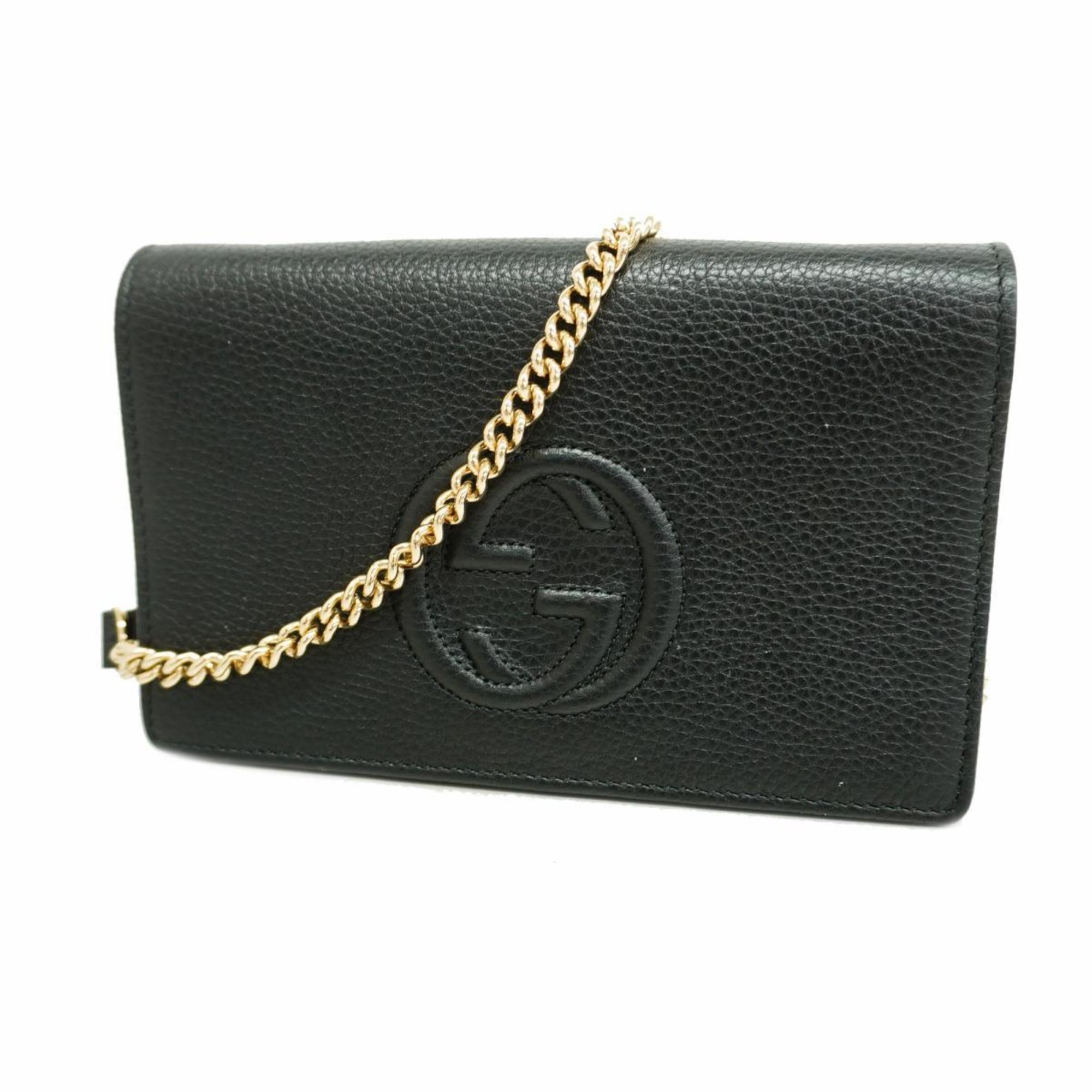 Gucci Shoulder Wallet Interlocking G 598211 Leather Black Women's