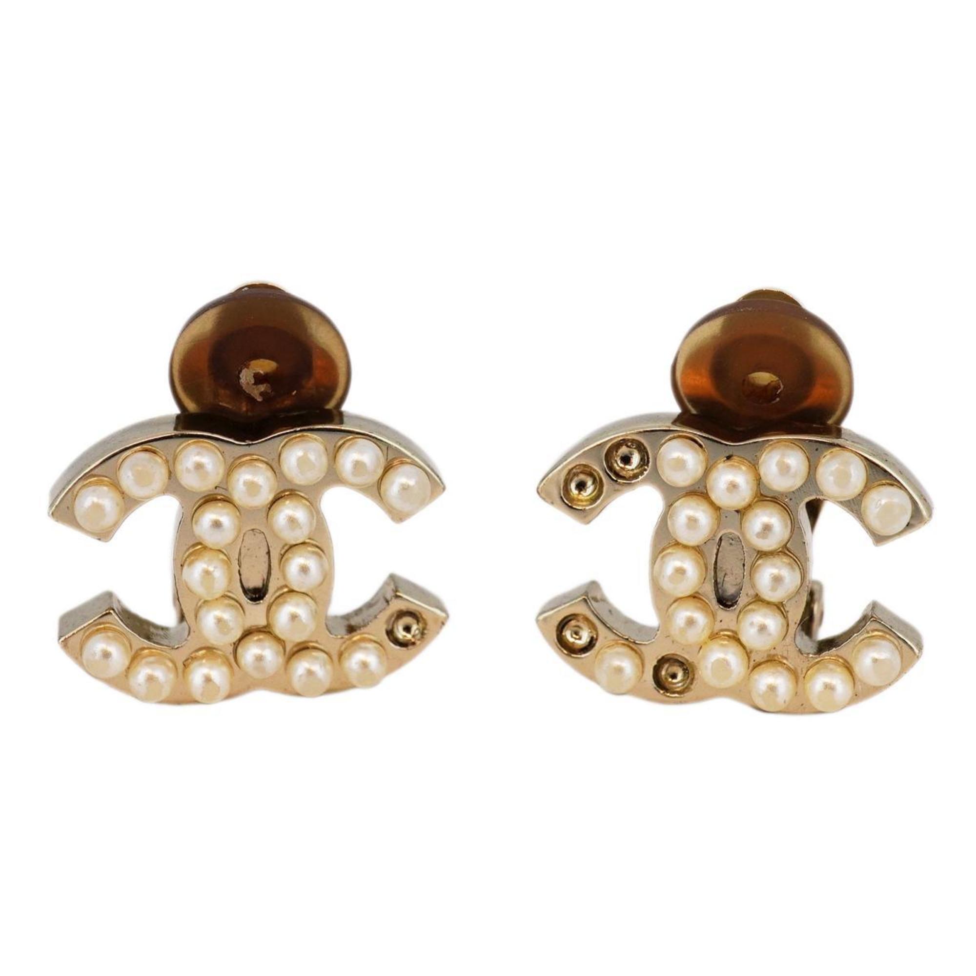 Chanel Earrings Coco Mark Fake Pearl Metal Silver 05V Women's