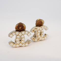 Chanel Earrings Coco Mark Fake Pearl Metal Silver 05V Women's