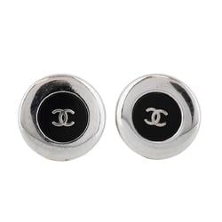 Chanel Earrings Coco Mark Circle Metal Silver Black 97A Women's