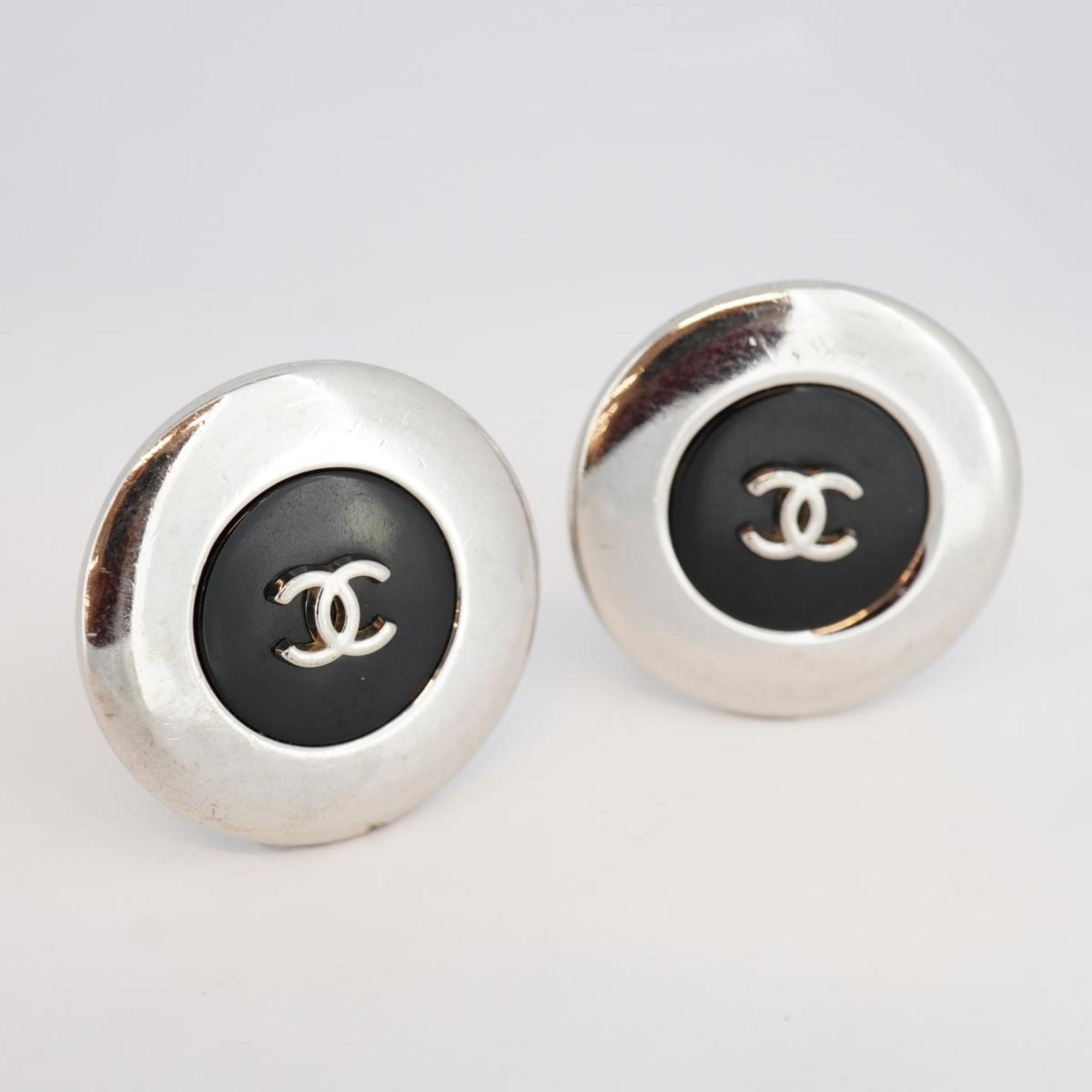 Chanel Earrings Coco Mark Circle Metal Silver Black 97A Women's