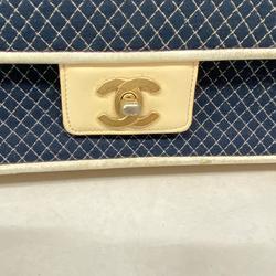 Chanel Shoulder Bag W Chain Patent Leather Cotton Navy White Women's