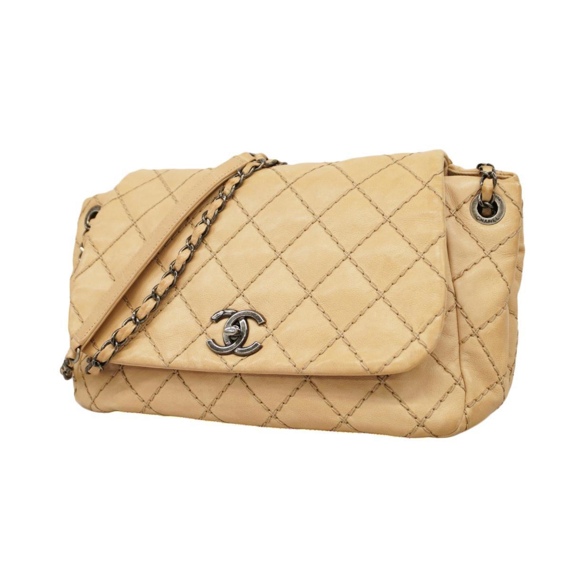 Chanel Shoulder Bag Wild Stitch Chain Leather Beige Women's