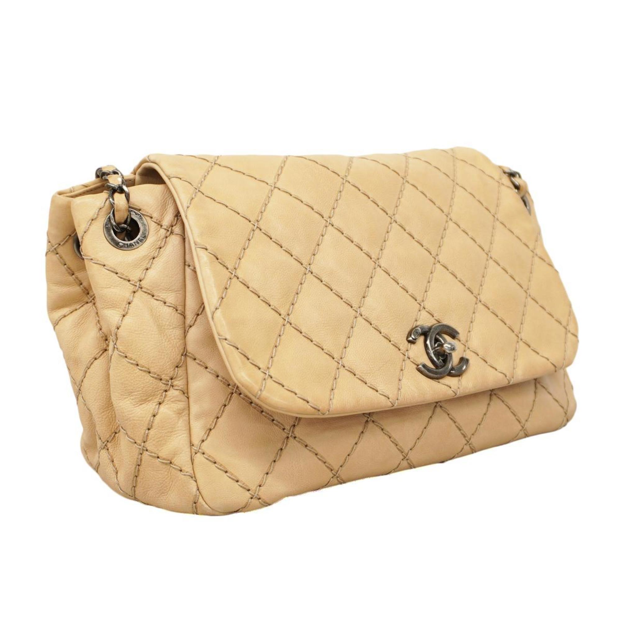 Chanel Shoulder Bag Wild Stitch Chain Leather Beige Women's