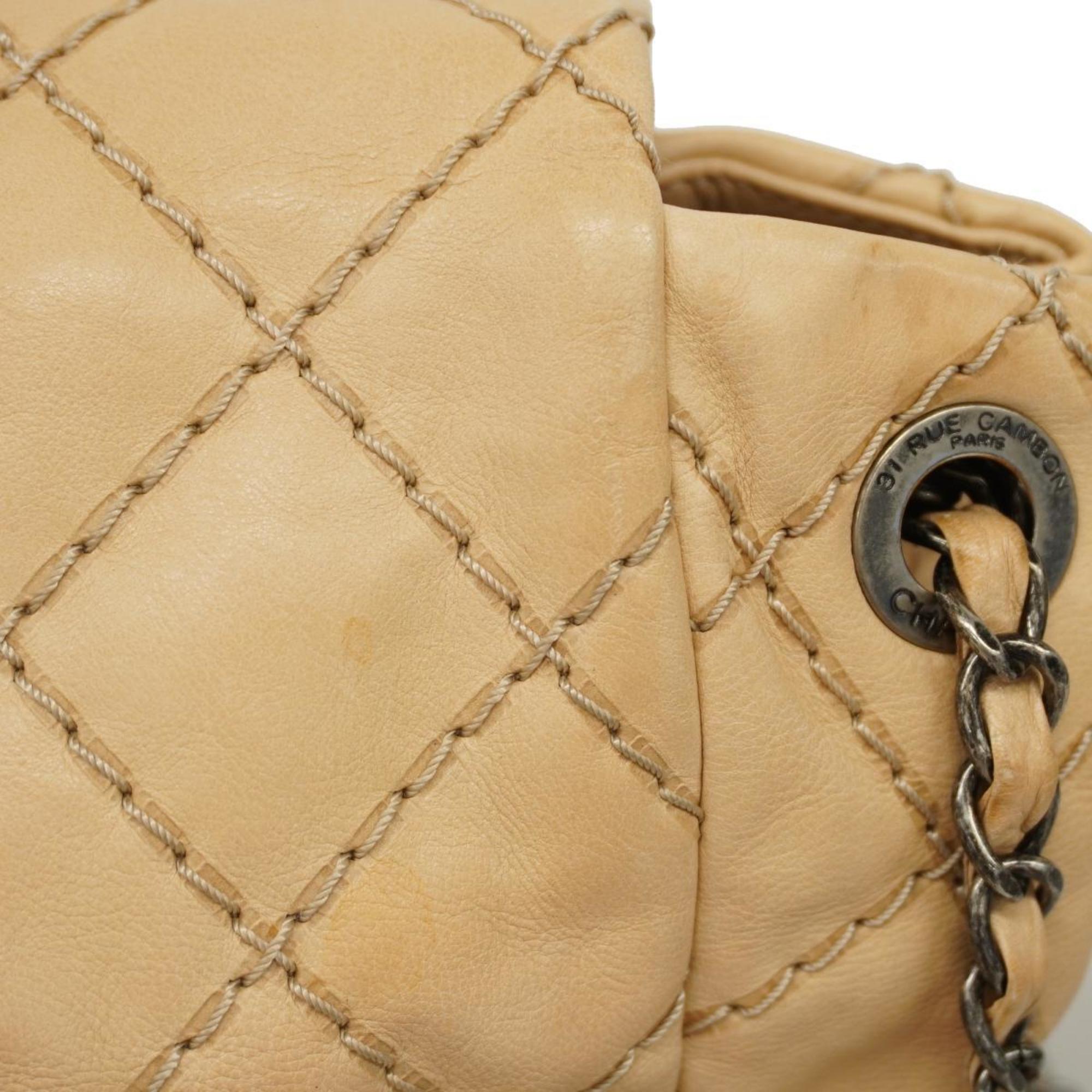 Chanel Shoulder Bag Wild Stitch Chain Leather Beige Women's