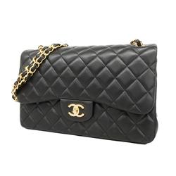 Chanel Shoulder Bag Deca Matelasse W Flap Chain Lambskin Black Champagne Women's