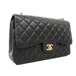 Chanel Shoulder Bag Deca Matelasse W Flap Chain Lambskin Black Champagne Women's