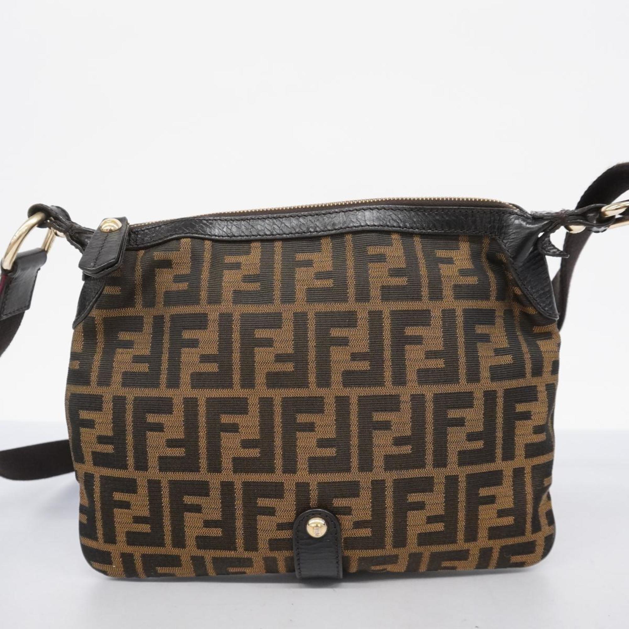 Fendi Shoulder Bag Zucca Nylon Canvas Khaki Black Women's