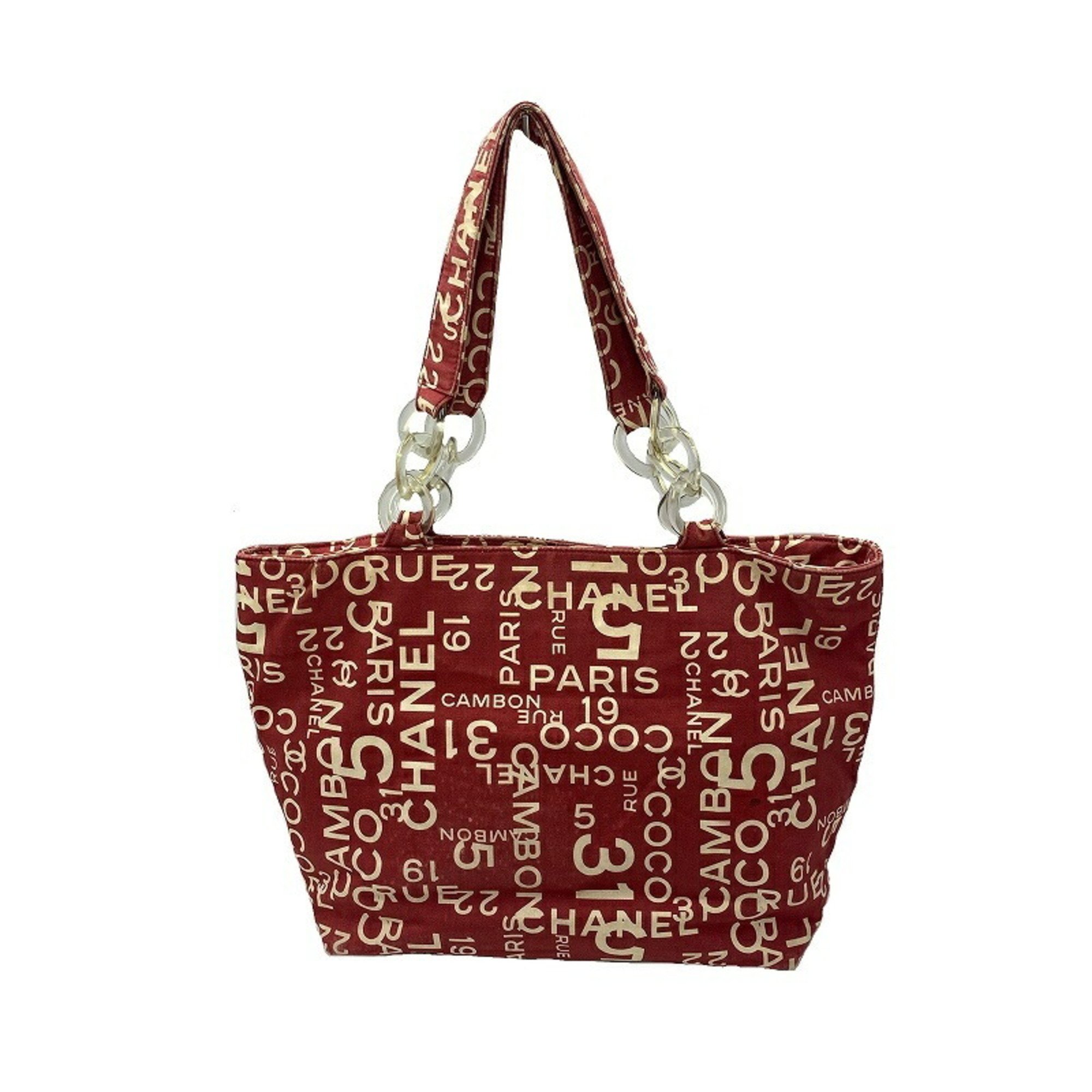 CHANEL Canvas Bi-Cea Line Plastic Chain Shoulder Tote Bag A18303 Red Silver Seal Printing Removed JA-19441