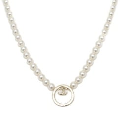 Chanel Coco Mark Circle Costume Pearl Necklace Champagne Gold B24C