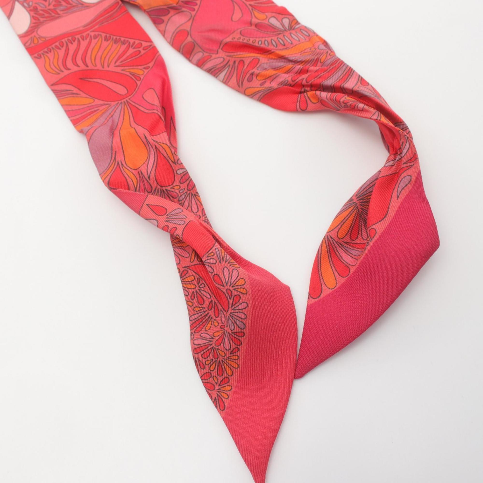 Hermes HERMES Twilly MILLEFLEURS DU MEXIQUE Silk Scarf for Women Red Multicolor