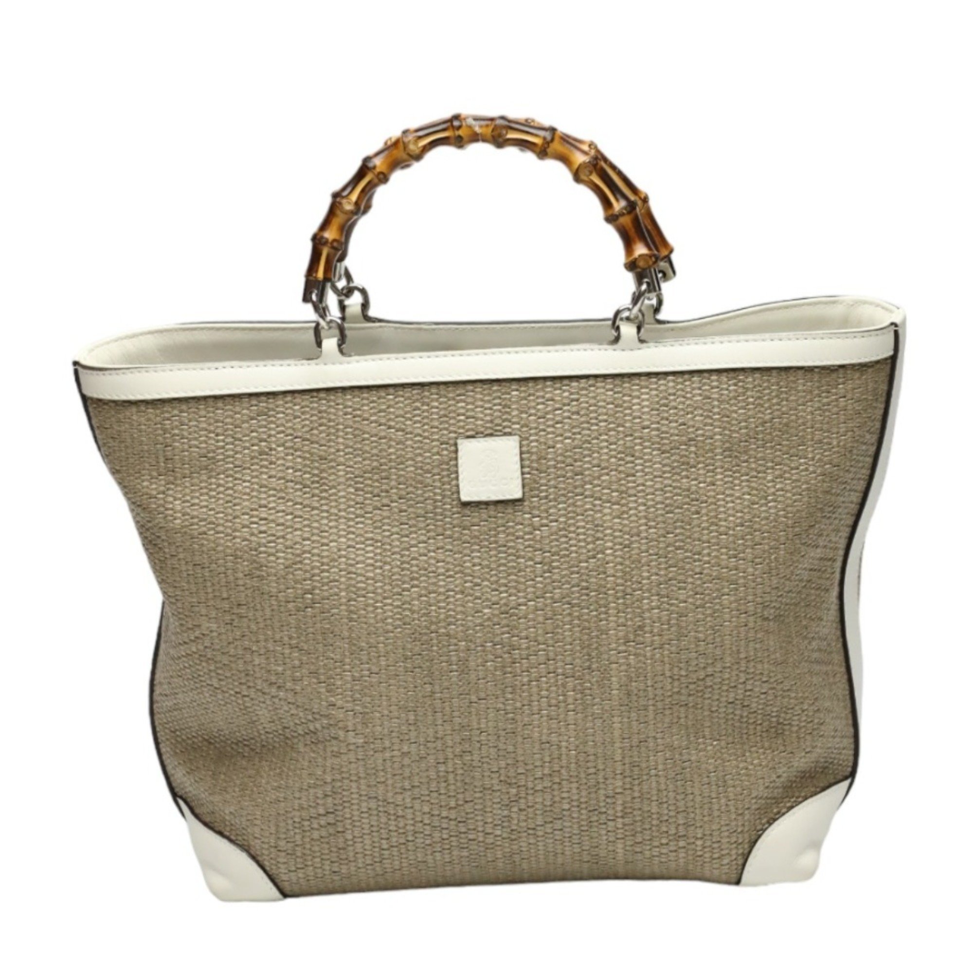 Gucci GUCCI Handbag Straw Leather Bamboo Shopper Canvas 311175 Beige x White