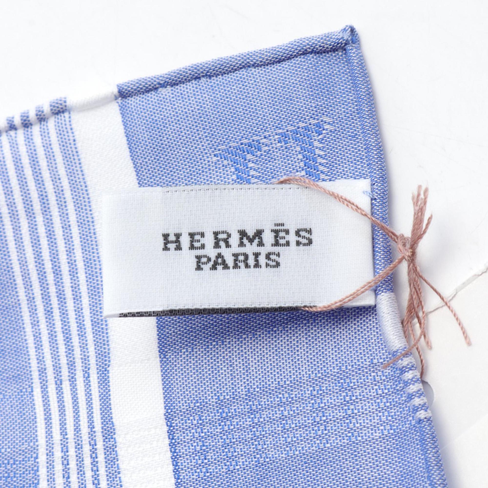 Hermes Jacquard H Pocket Square Handkerchief Scarf Cotton Men's Blue White