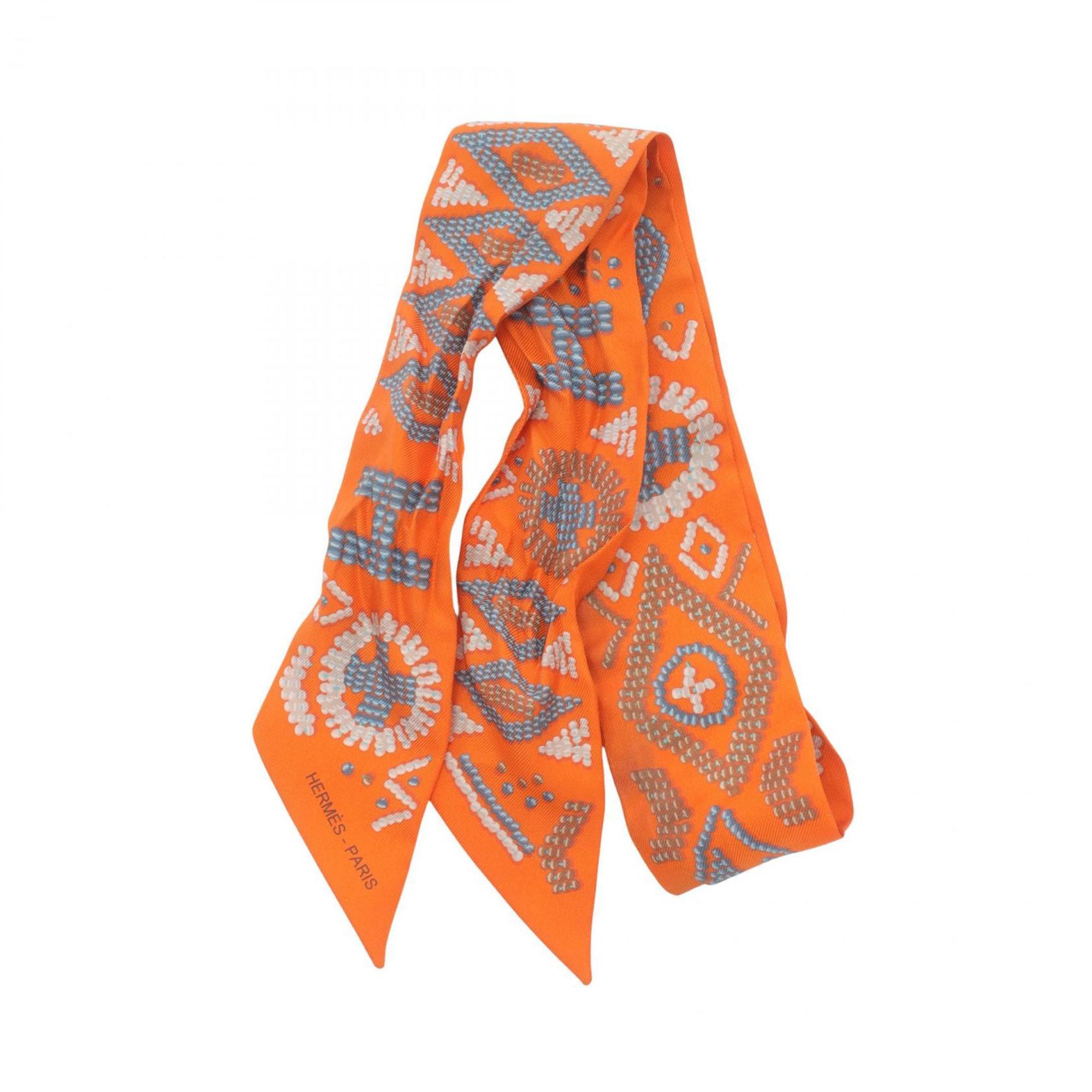 Hermes HERMES Twilly Kelly en Perles Scarf Silk Women's Orange Multicolor