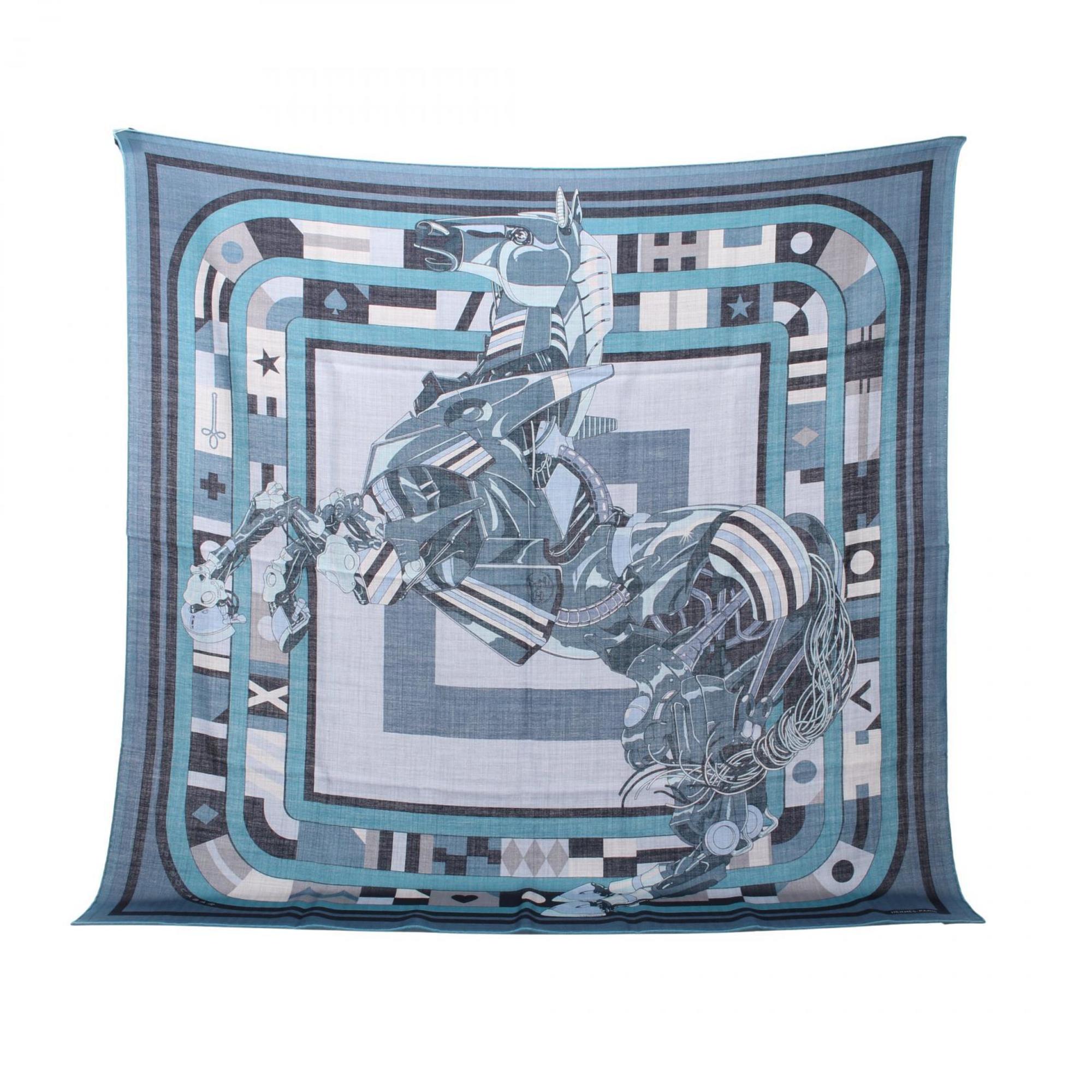 Hermes HERMES Carre H 100 ROBOCABAR Scarf Silk Cashmere Men's Blue Multicolor