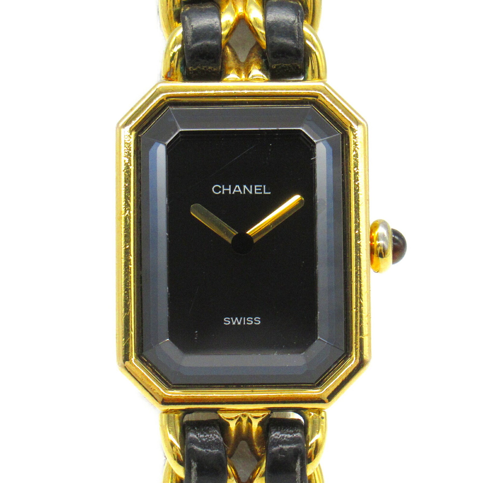 CHANEL Premiere M Watch GP (Gold Plated) Leather Strap Women's Black H0001