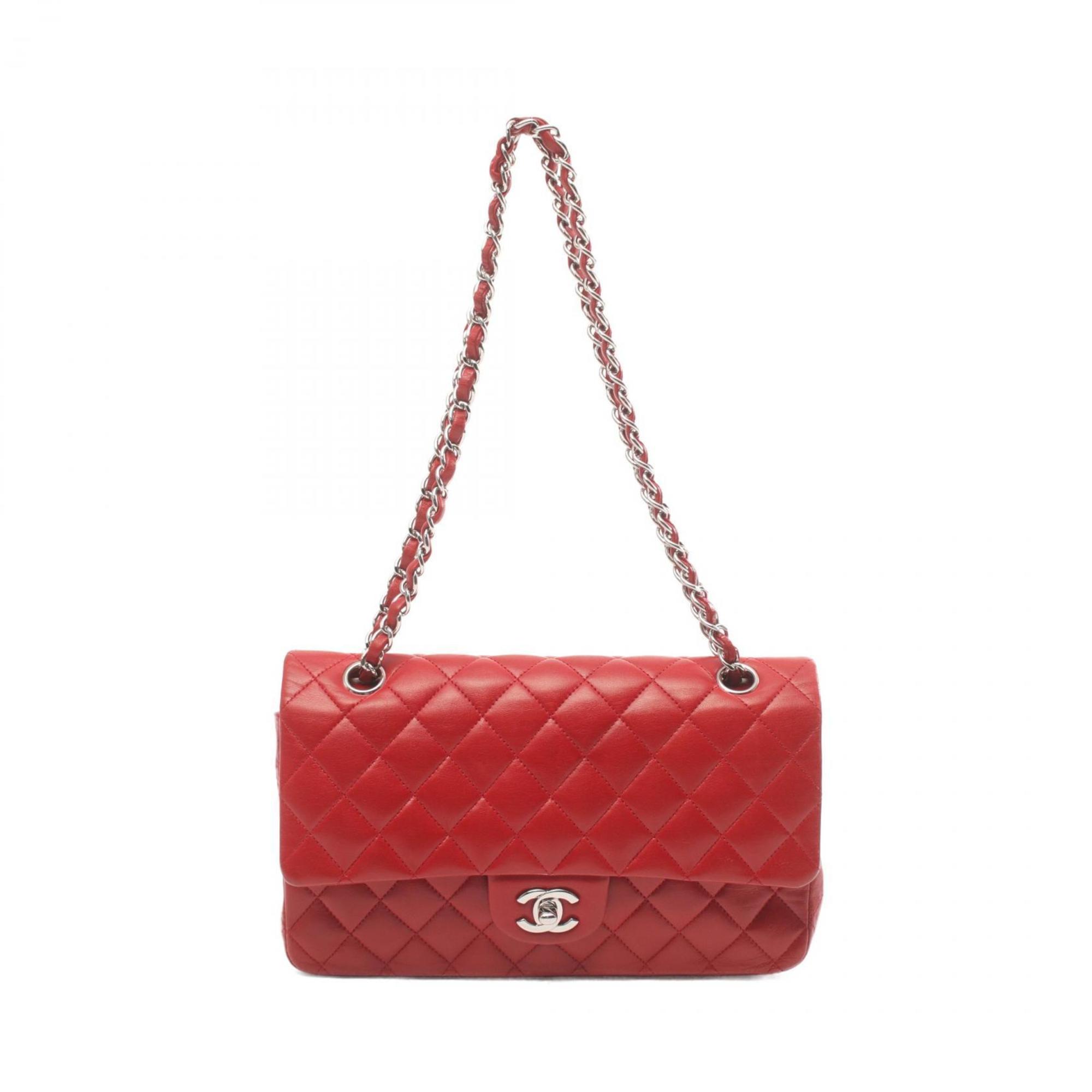 CHANEL Matelasse Double Flap Shoulder Bag, Lambskin, Women's, Red, A01112